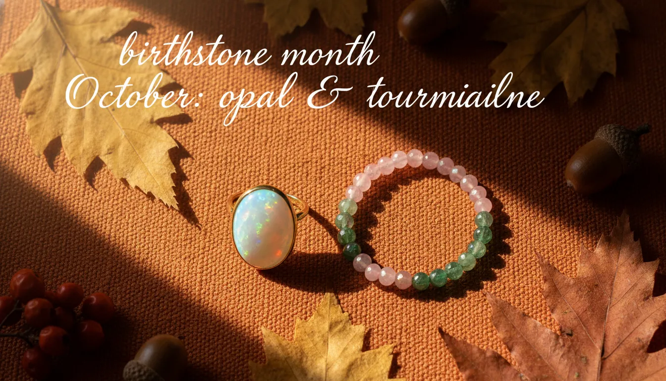 A 16:9 flat-lay of October birthstone jewelry featuring a glowing opal ring and pink-green tourmaline bracelet on a warm autumn background with leaves and soft sunlight; include text overlay “birthstone month October: opal & tourmaline”; alt text: birthstone month October opal and tourmaline jewelry flat lay