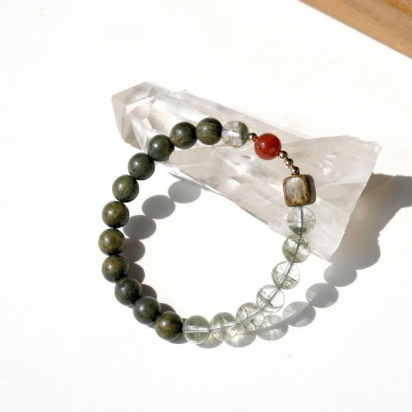 Prosperous Harmony: Natural Green Phantom, Sandalwood & Red Agate Wealth Bracelet