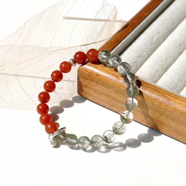 Prosperous Harmony: Natural Green Phantom, Sandalwood & Red Agate Wealth Bracelet