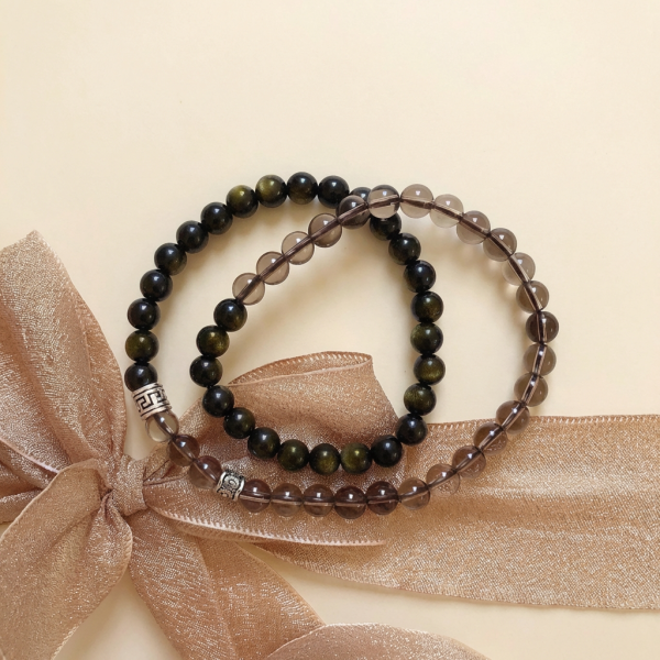 Protective Anchor: Natural Obsidian & Smoky Quartz Double Wrap Bracelet