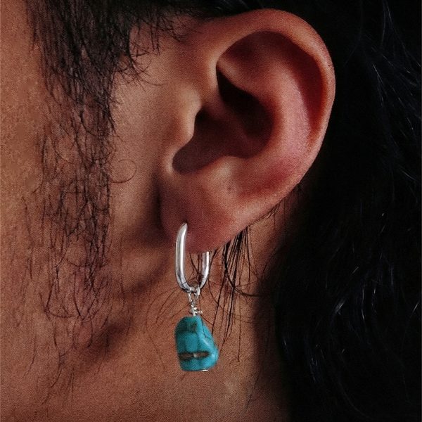Ancient Protection: Natural Raw Turquoise & 925 Sterling Silver Unisex Hoop Earrings