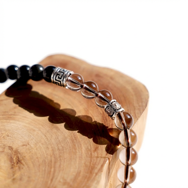 Protective Anchor: Natural Obsidian & Smoky Quartz Double Wrap Bracelet