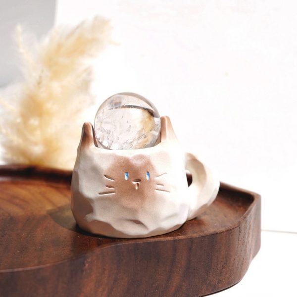 Whimsical Harmony: Natural Crystal Sphere Collection with Resin Cat Stand