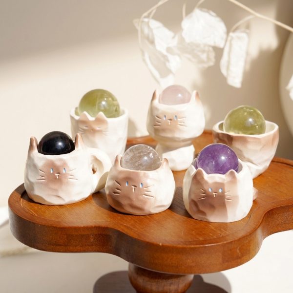 Whimsical Harmony: Natural Crystal Sphere Collection with Resin Cat Stand