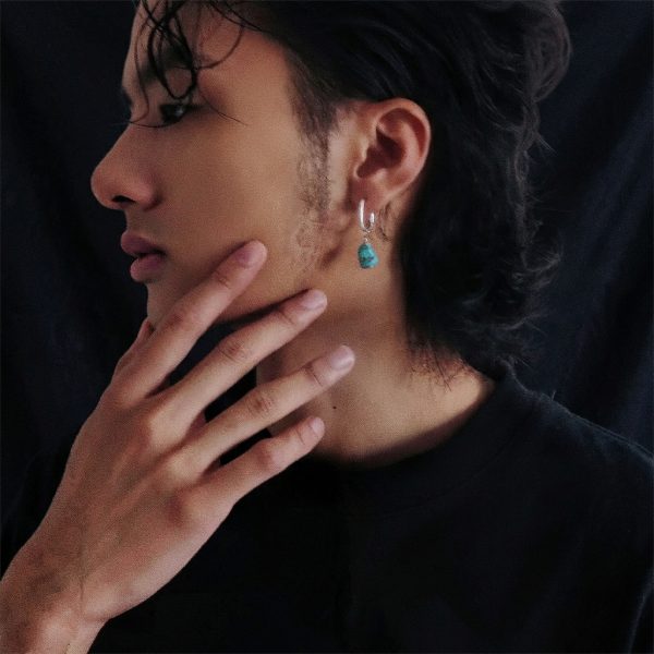 Ancient Protection: Natural Raw Turquoise & 925 Sterling Silver Unisex Hoop Earrings