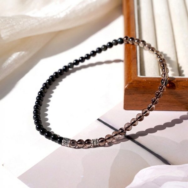 Protective Anchor: Natural Obsidian & Smoky Quartz Double Wrap Bracelet