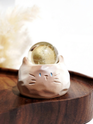 Whimsical Harmony: Natural Crystal Sphere Collection with Resin Cat Stand