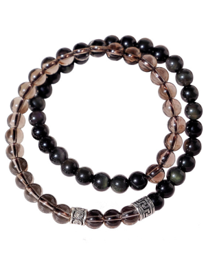Protective Anchor: Natural Obsidian & Smoky Quartz Double Wrap Bracelet