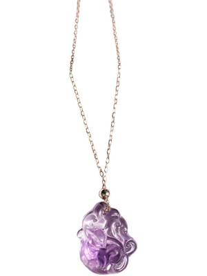 Mystical Charm: Hand-Carved Natural Amethyst Fox Healing Necklace