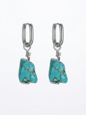 Ancient Protection: Natural Raw Turquoise & 925 Sterling Silver Unisex Hoop Earrings
