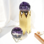 Tranquil Abundance: Natural Uruguay Amethyst Geode "Smiling" Sphere with Wood Stand