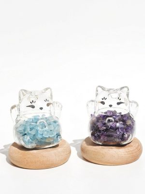 Tranquil Flow: Natural Aquamarine & Glass Lucky Cat Healing Ornament