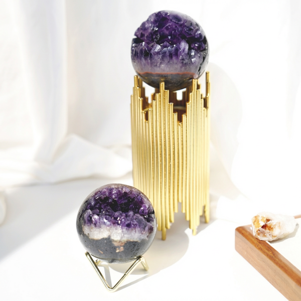 Tranquil Abundance: Natural Uruguay Amethyst Geode "Smiling" Sphere with Wood Stand
