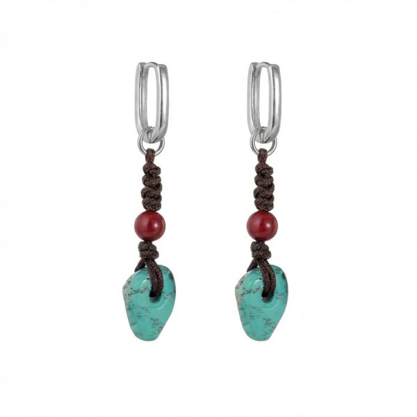 Ancient Protection: Raw Turquoise & Cinnabar S925 Silver Tibetan Earrings