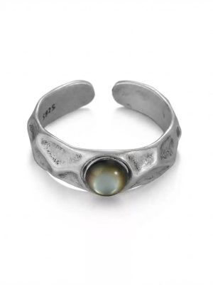 Mystic Depth: Natural Black Mother of Pearl & Oxidized S925 Silver Adjustable Ring