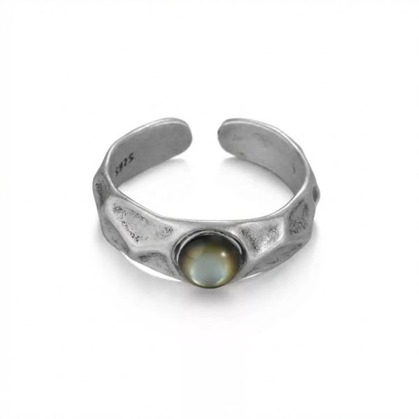 Mystic Depth: Natural Black Mother of Pearl & Oxidized S925 Silver Adjustable Ring