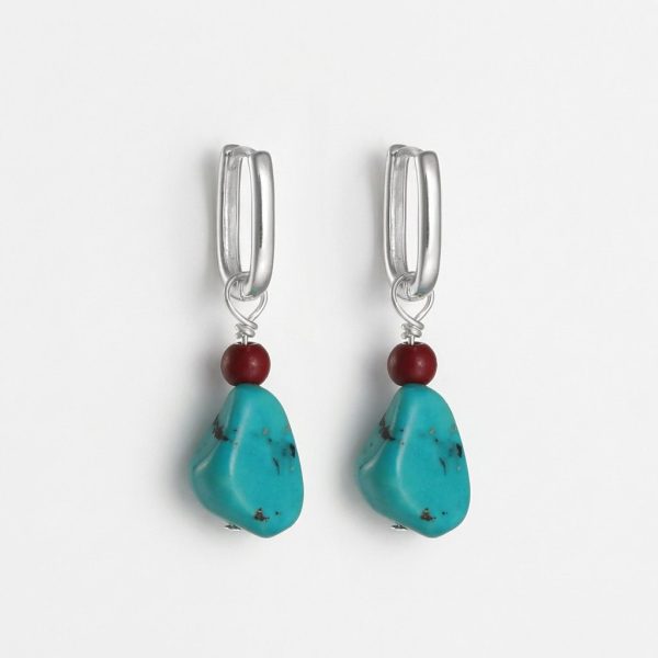 Protective Vitality: Natural Turquoise & Cinnabar S925 Silver Hoop Earring