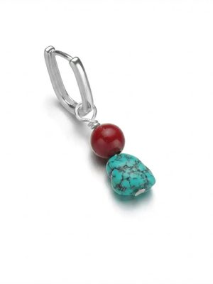 Protective Vitality: Natural Turquoise & Cinnabar S925 Silver Hoop Earrings
