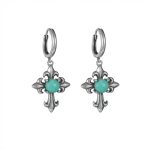 Protective Guardian: Natural Turquoise & Oxidized S925 Silver Cross Hoop Earrings