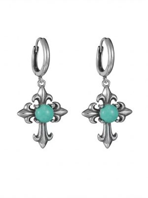 Protective Guardian: Natural Turquoise & Oxidized S925 Silver Cross Hoop Earrings