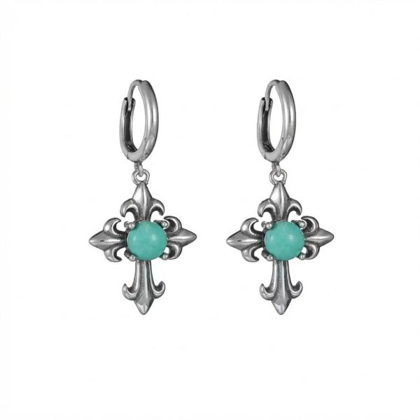 Protective Guardian: Natural Turquoise & Oxidized S925 Silver Cross Hoop Earrings