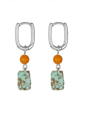Grounding Vitality: Natural Beeswax Amber & Raw Turquoise 925 Silver Hoop Earrings