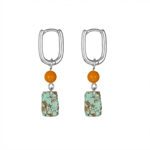 Grounding Vitality: Natural Beeswax Amber & Raw Turquoise 925 Silver Hoop Earrings