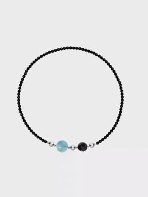 Protective Serenity: Natural Black Agate, Aquamarine & Silver Sheen Obsidian Healing Necklace