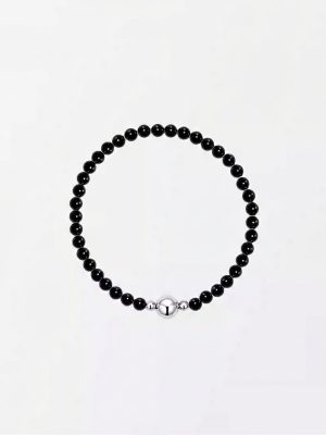 Grounding Elegance: Natural Black Agate & Silver Accent Healing Bracelet
