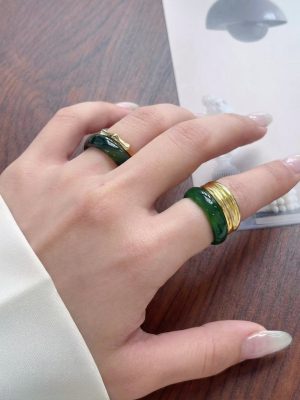 Abundant Vitality: Natural Green Agate & S925 Silver Bamboo Ring Set