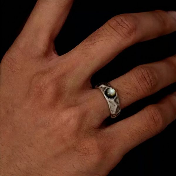 Mystic Depth: Natural Black Mother of Pearl & Oxidized S925 Silver Adjustable Ring