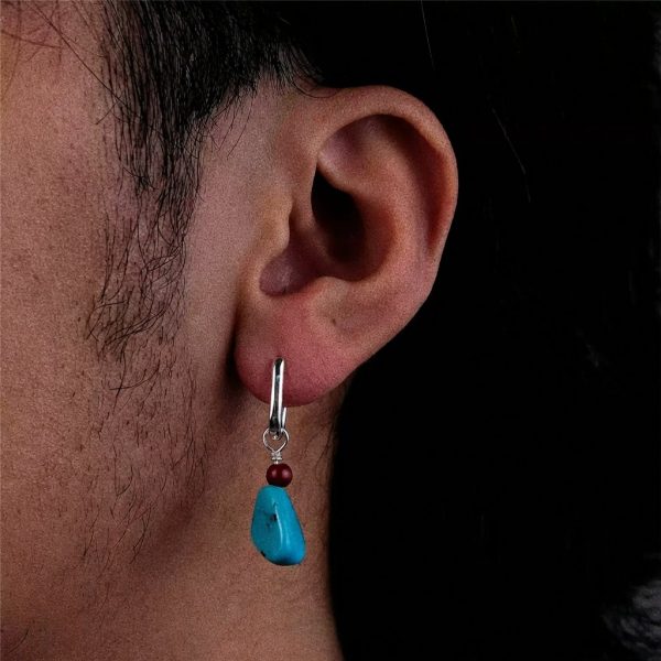 Protective Vitality: Natural Turquoise & Cinnabar S925 Silver Hoop Earring