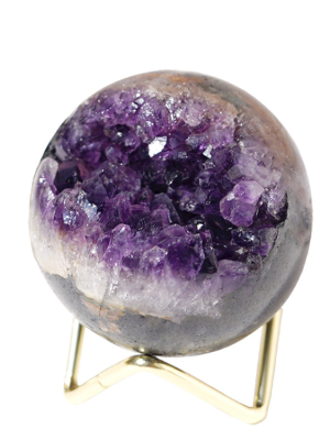 Tranquil Abundance: Natural Uruguay Amethyst Geode "Smiling" Sphere with Wood Stand