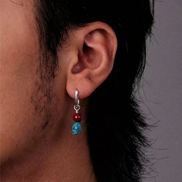 Protective Vitality: Natural Turquoise & Cinnabar S925 Silver Hoop Earrings