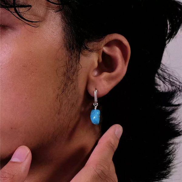 Protective Sky: Natural Raw Turquoise & 925 Sterling Silver Hoop Earrings
