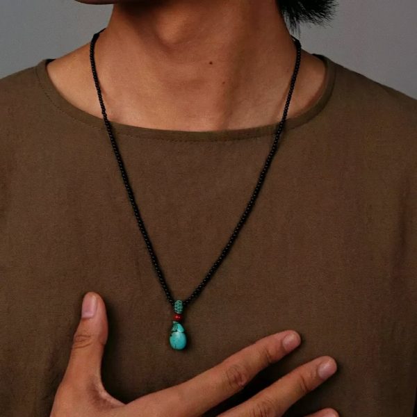 Tibetan Guardian: Natural Turquoise & Black Agate Adjustable Healing Necklace