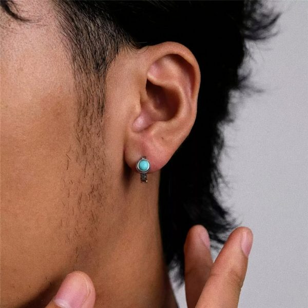 Protective Serenity: Natural Raw Turquoise & 925 Silver Tibetan Hoop Earrings