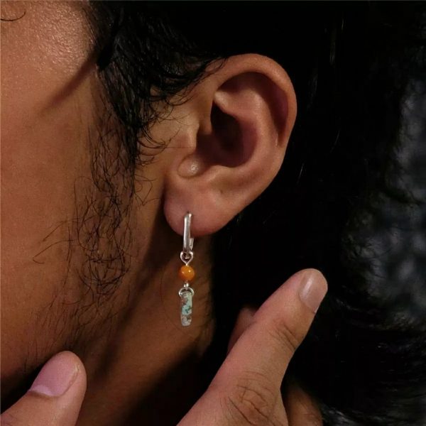 Grounding Vitality: Natural Beeswax Amber & Raw Turquoise 925 Silver Hoop Earrings