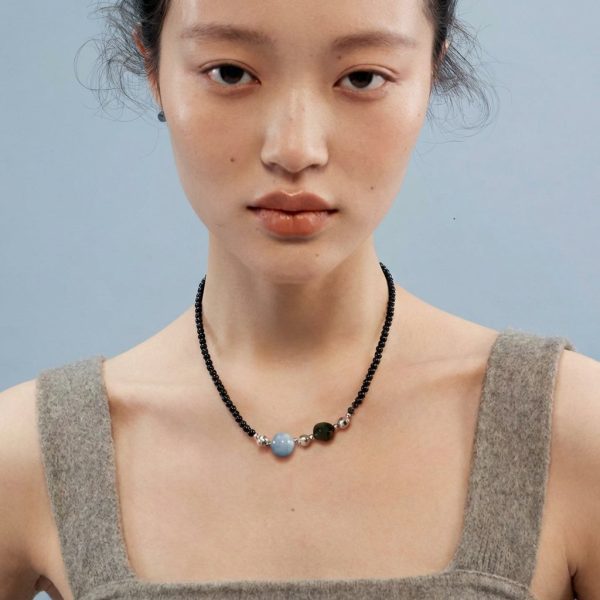 Protective Serenity: Natural Black Agate, Aquamarine & Silver Sheen Obsidian Healing Necklace