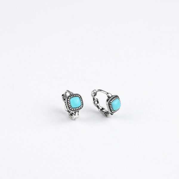 Ancient Wisdom: Natural Turquoise & Oxidized 925 Silver Tibetan Huggie Earrings