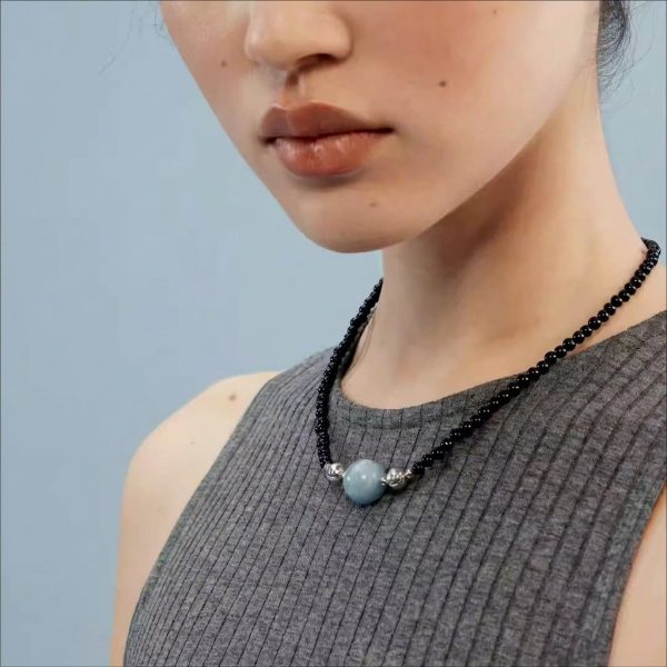 Protective Serenity: Natural Black Agate, Aquamarine & Silver Sheen Obsidian Healing Necklace