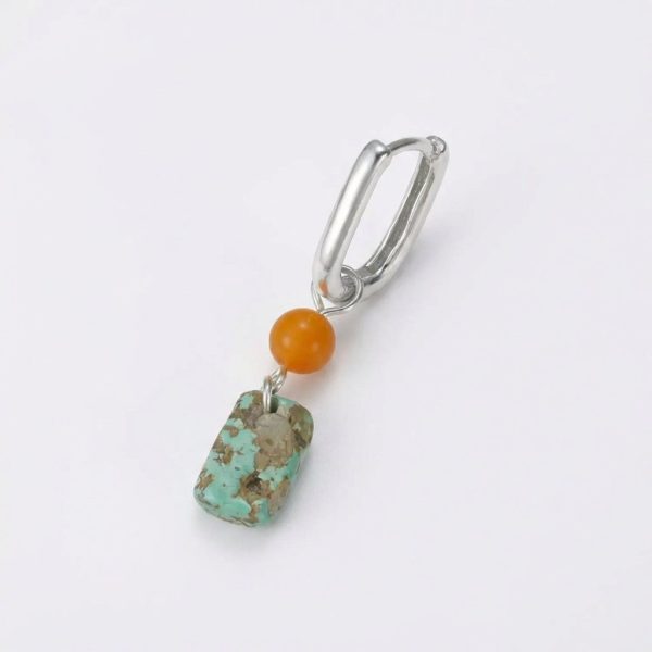 Grounding Vitality: Natural Beeswax Amber & Raw Turquoise 925 Silver Hoop Earrings