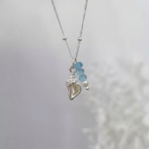 Tranquil Tides: Natural Aquamarine, Pearl & Silver Conch Healing Necklace