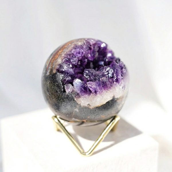 Tranquil Abundance: Natural Uruguay Amethyst Geode "Smiling" Sphere with Wood Stand