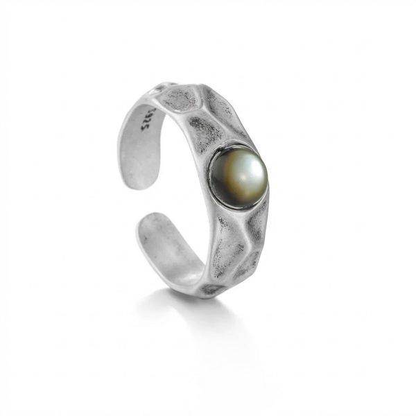 Mystic Depth: Natural Black Mother of Pearl & Oxidized S925 Silver Adjustable Ring