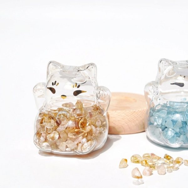 Tranquil Flow: Natural Aquamarine & Glass Lucky Cat Healing Ornament