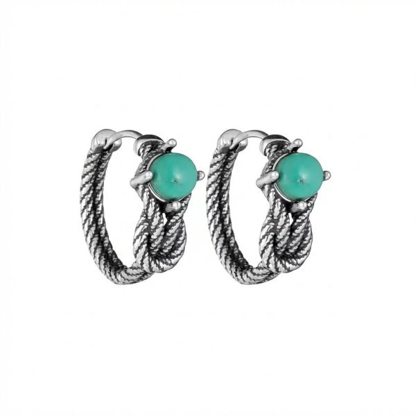 Ancient Wisdom: Natural Turquoise & Oxidized S925 Silver Knotted Huggie Earrings