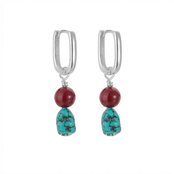 Protective Vitality: Natural Turquoise & Cinnabar S925 Silver Hoop Earrings