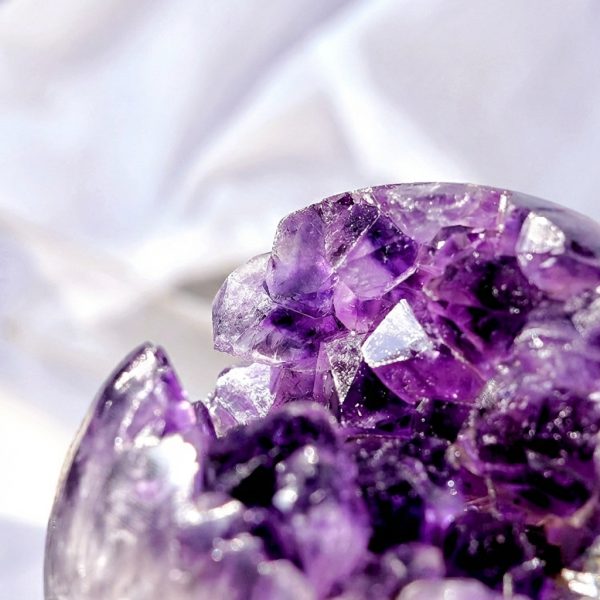 Tranquil Abundance: Natural Uruguay Amethyst Geode "Smiling" Sphere with Wood Stand