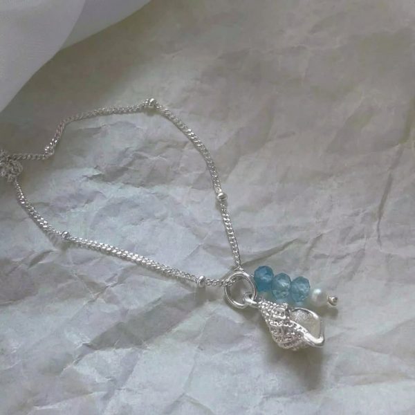 Tranquil Tides: Natural Aquamarine, Pearl & Silver Conch Healing Necklace